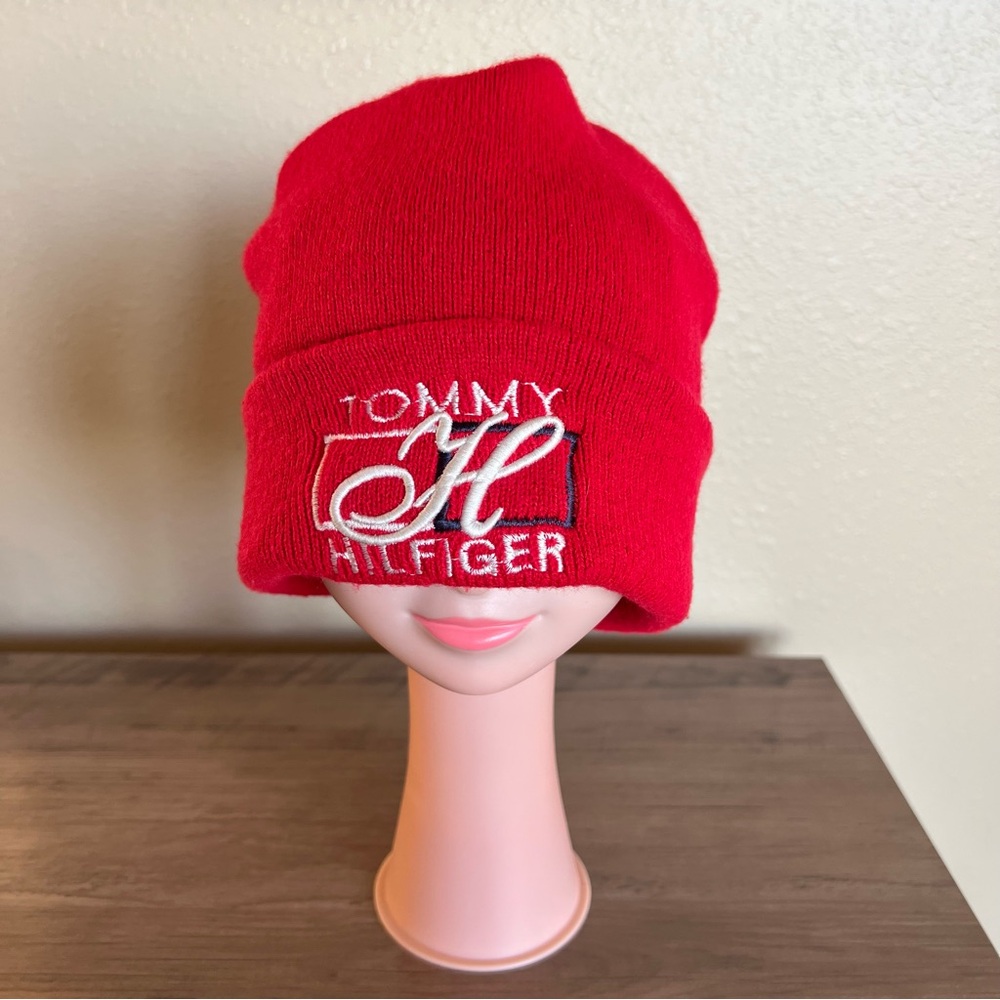 VTG Tommy Hilfiger Knit Beanie Red Embroidered Adult One Size Hat Cap 90’s